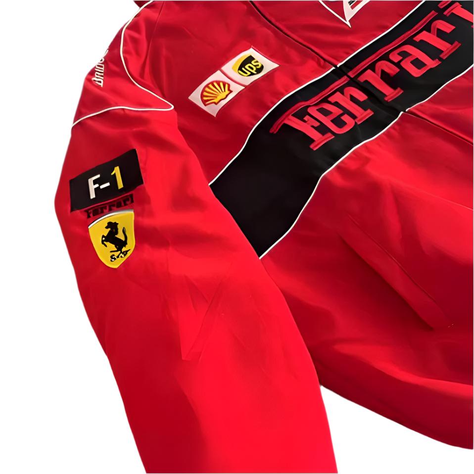 close up side angle red f1 Ferrari jacket