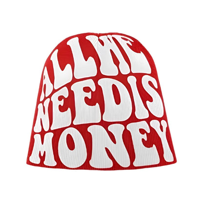 white on red, all we need is money beanie