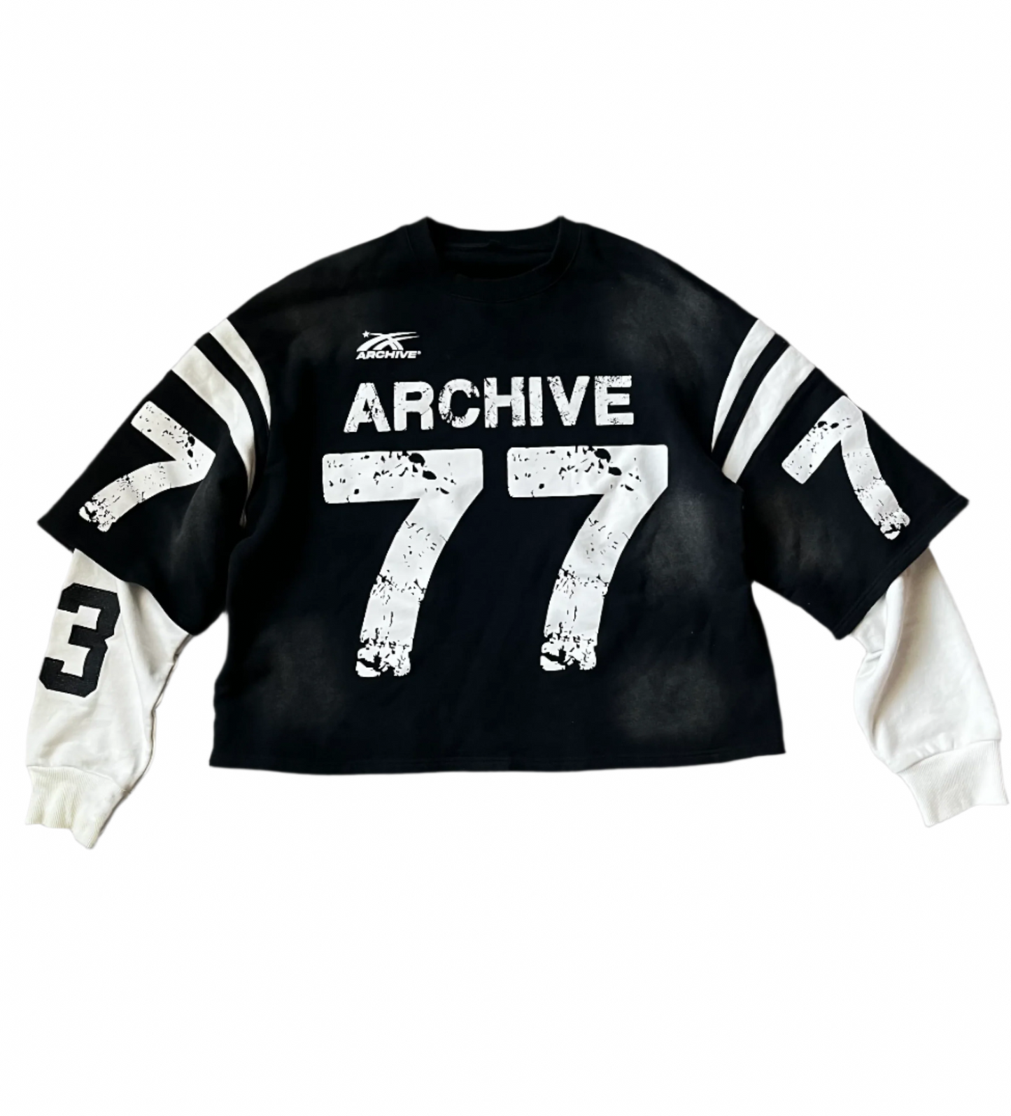 front facing image of black and white double layered archive 77 shirt.