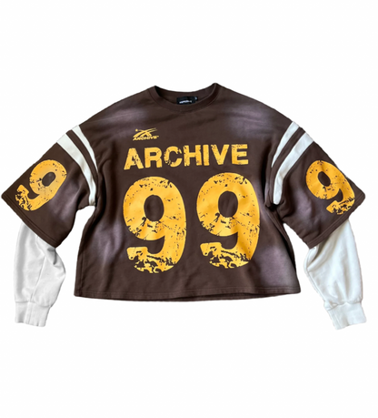 front facing image of white and brown double layered archive 99 sweatshirt 