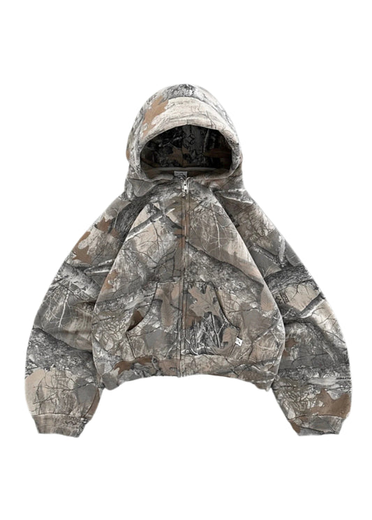 front facing camo streetwear style akimbo hoodie from obscure collective with a white background