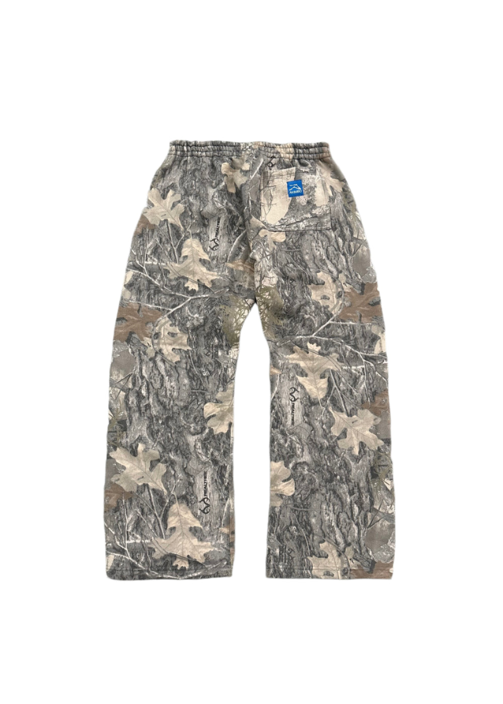 Rear-facing image of Akimbo Style Camo Sweatpants from Obscure Collective, featuring a distressed camouflage design, loose fit, and streetwear style, set against a white background.