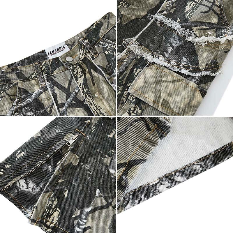 Close-up detail of Obscure Collective's Camo Pants, showcasing the durable fabric, bold camouflage pattern, and high-quality stitching for a streetwear edge.