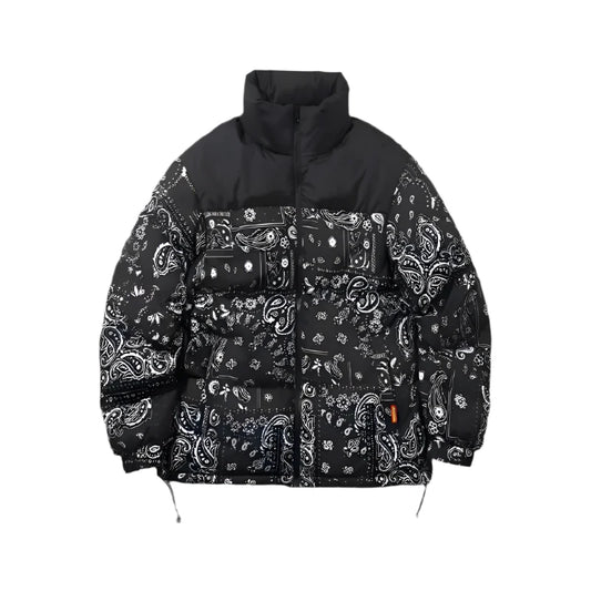 front facing image of white and black bandana puffer jacket. 