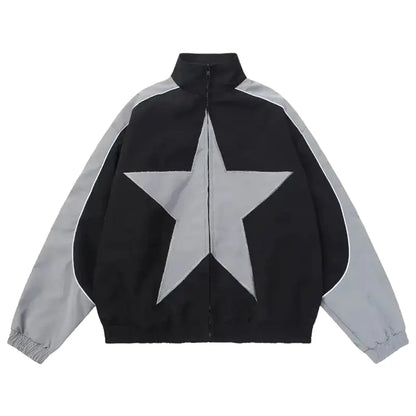 Front view of Obscure Collective's Star Bomber Jacket in grey, featuring bold star embroidery and a sleek streetwear design, set against a white background. 