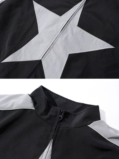 Close-up detail of Obscure Collective's Star Bomber Jacket, highlighting the bold star embroidery and collar, set against a clean white background for emphasis.