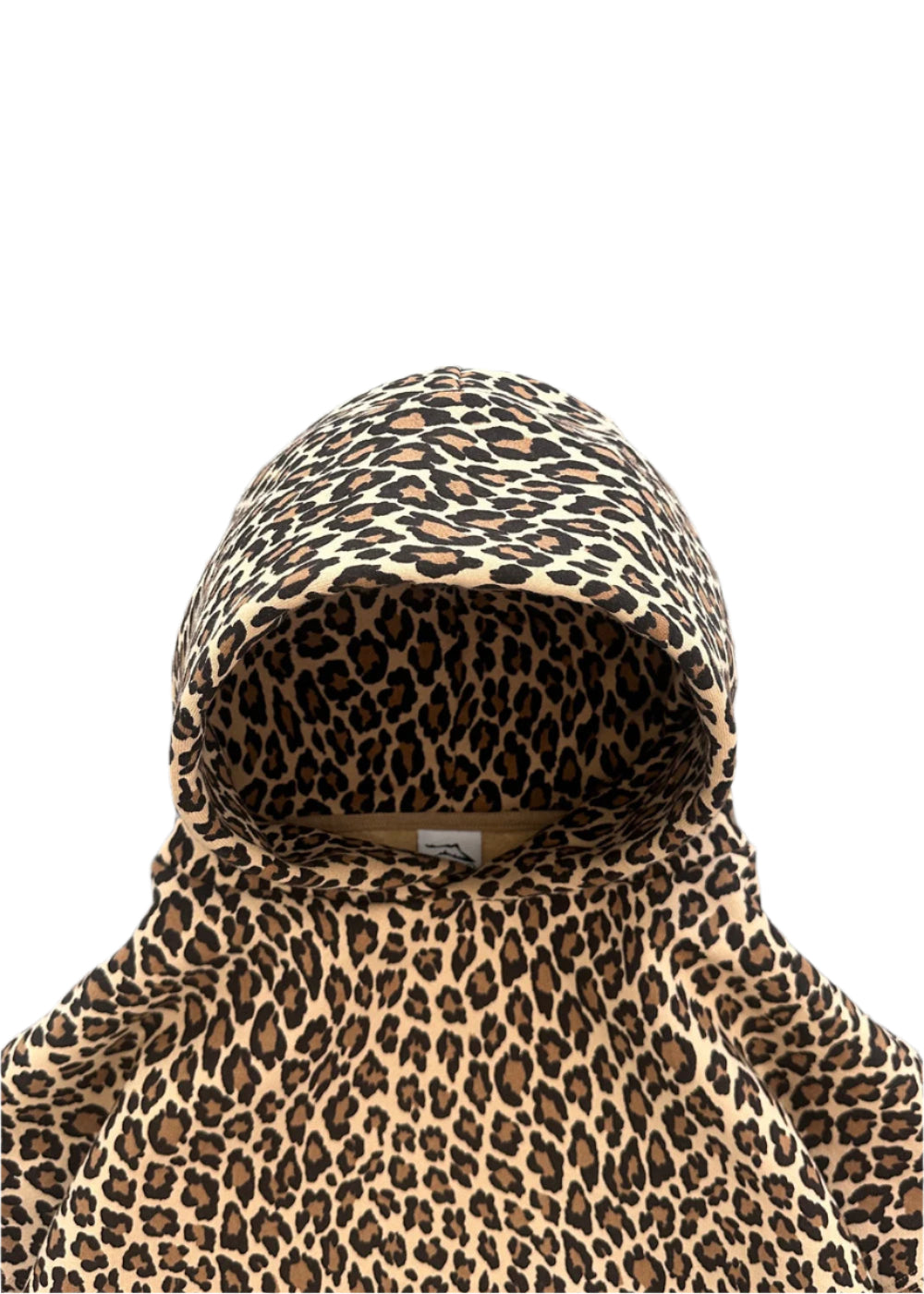 A close-up of the hood of an akimbo style leopard print hoodie, featuring bold color blocking and intricate detailing, set against a clean white background. The design emphasizes influences from obscure collective and streetwear culture, blending vintage athletic aesthetics with modern urban style.