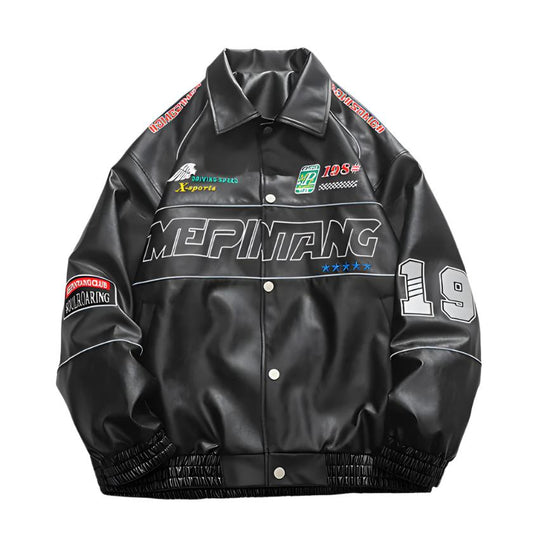 front facing black mepintang leather 
jacket