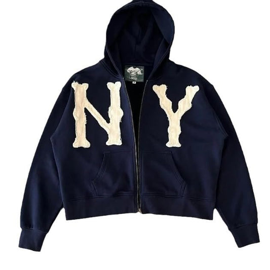 front facing image of blue streetwear, obscure collective NY zip up jacket