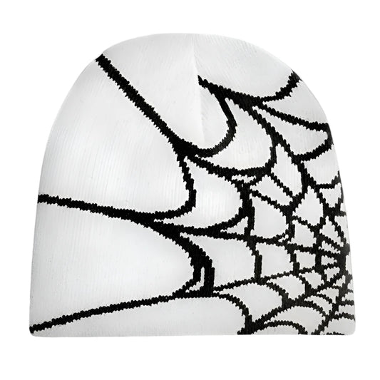 black spider web graphic on white beanie