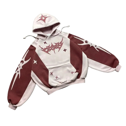 front facing image of a red hyper realm streetwear hoodie with a white background