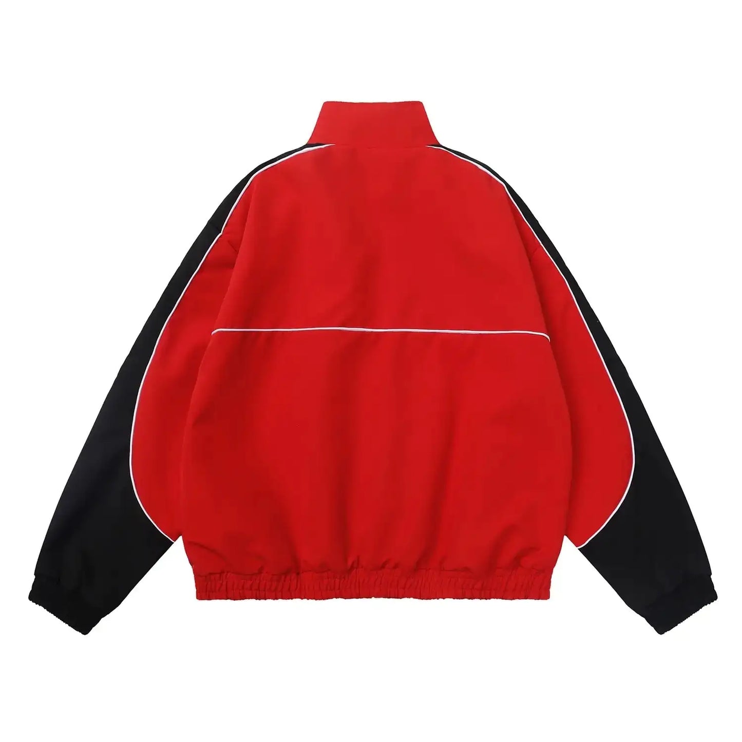 Rear view of Obscure Collective's Star Bomber Jacket in red, featuring bold star embroidery and a sleek streetwear design, set against a white background.