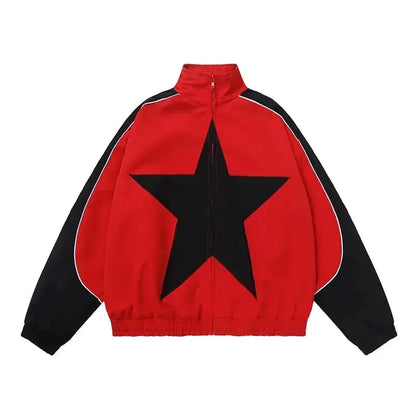 Front view of Obscure Collective's Star Bomber Jacket in red, featuring bold star embroidery and a sleek streetwear design, set against a white background.