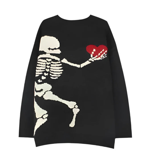 Black Streetwear Knitted Skeleton Heart Sweater