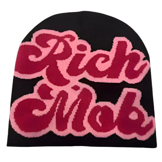 pink rich mob graphic on black beanie