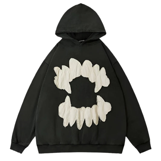 Front facing image of black Teeth Patch Hoodie. 