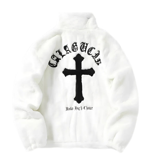 White Oversized Streetwear Fleece Cross Jacket