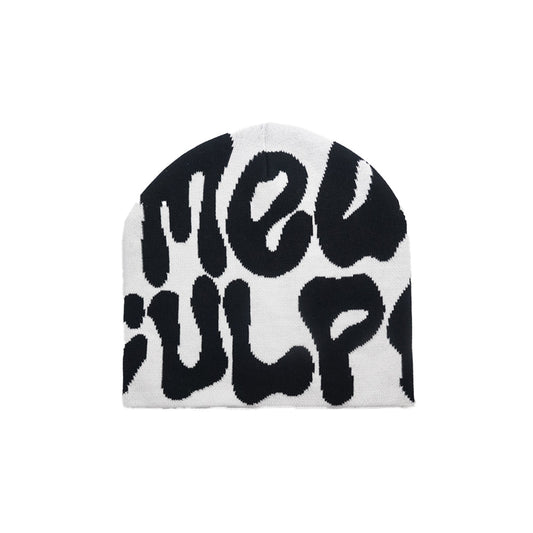 front facing white mea culpa beanie with black text